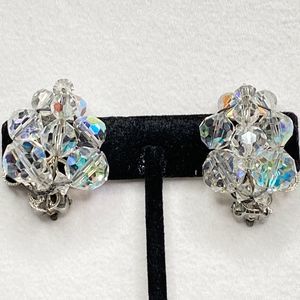 Clip On Stud Earrings Clear AB Faceted Ball Beads In Wired Clusters